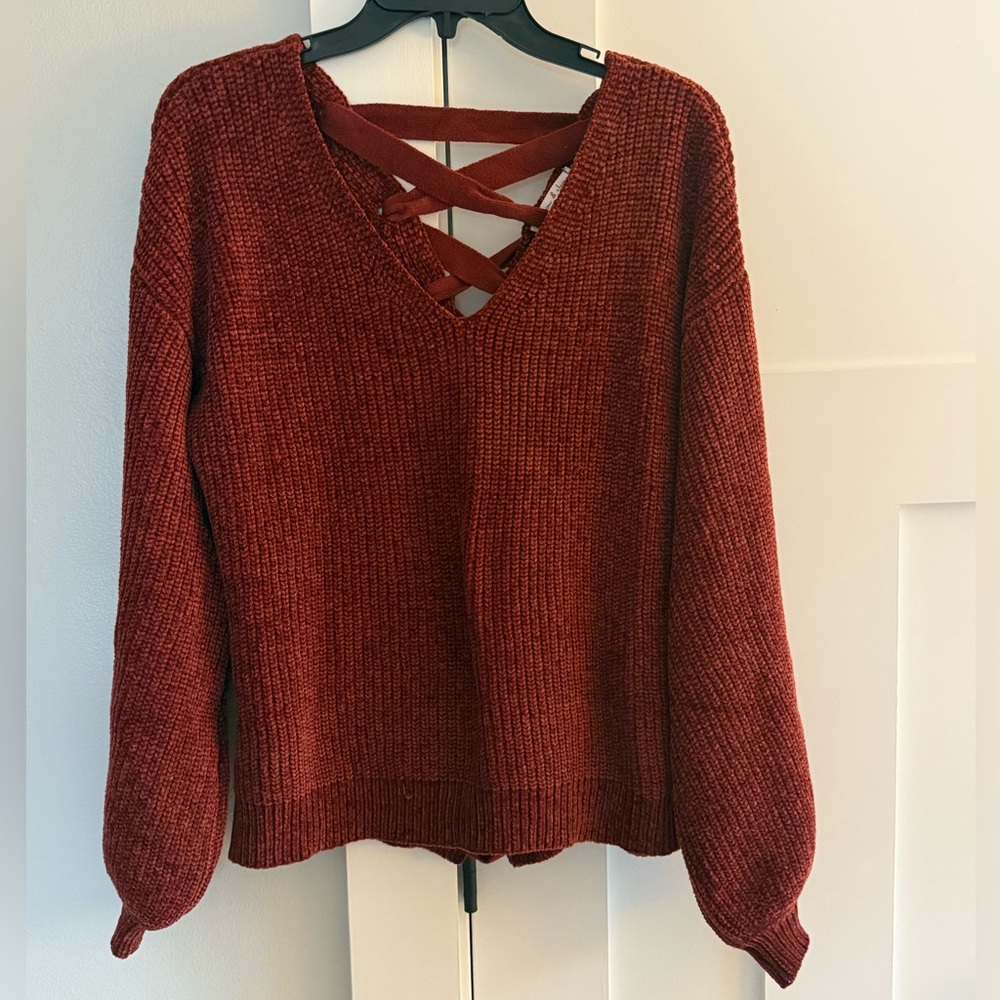 Willow & Clay Soft Chenille Sweater Laced Back Brick Red M